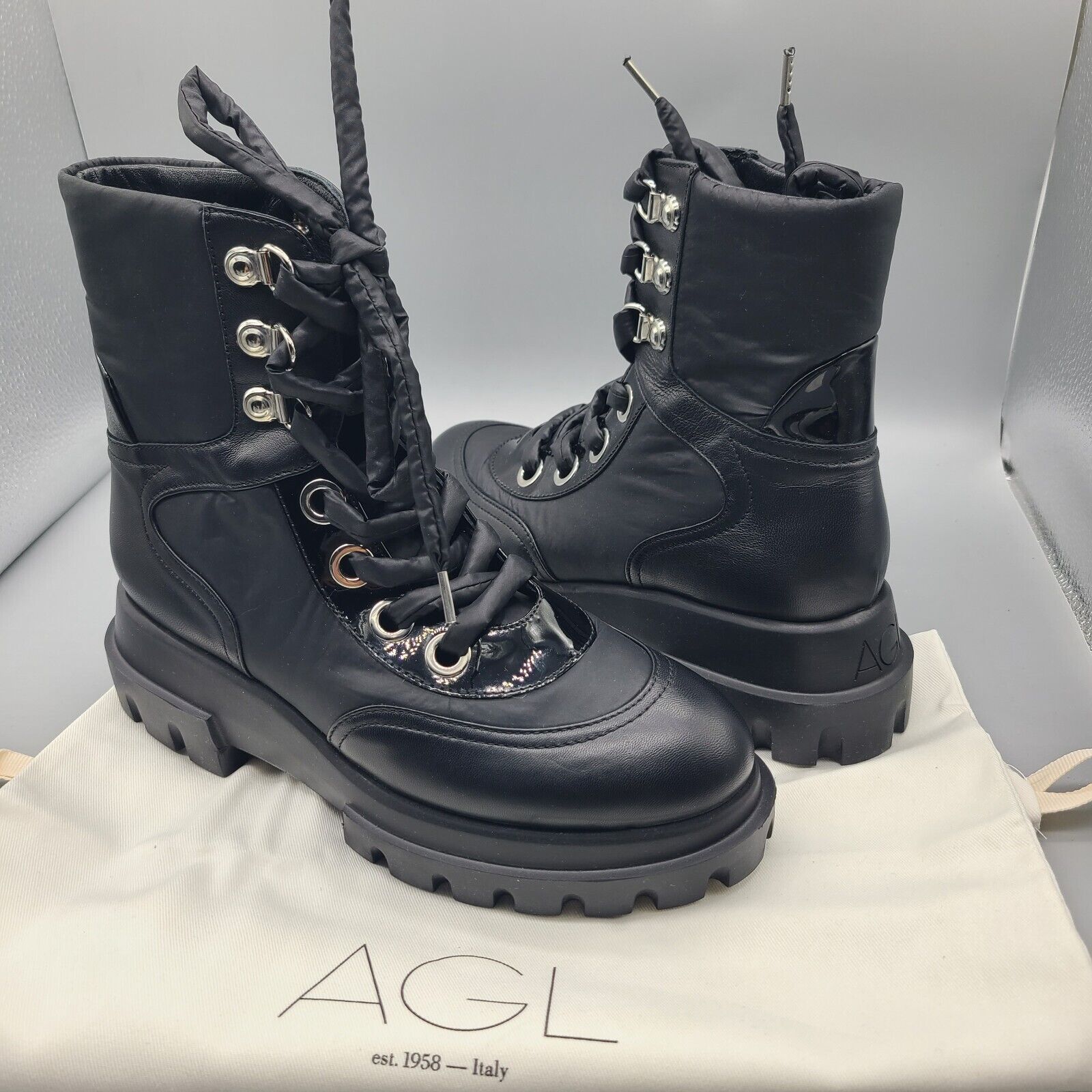 Agl Maxine Combat Boots Womens Black Leather Nylon Italy Rugged Sz 6 36 New